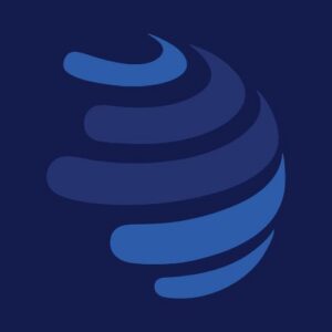 stylized globe icon in tones of blue