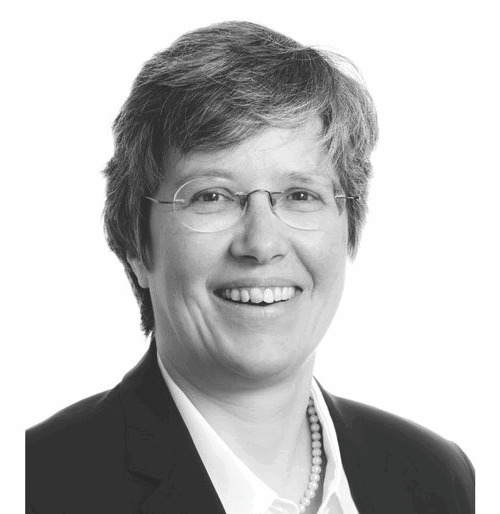pia bundgarten black and white headshot of mid aged white woman, black suit